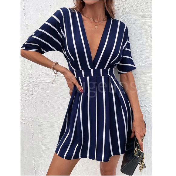 Striped White on Navy Blue Plunging V-Neck Mini Dress Batwing Sleeve - Picture 2 of 10